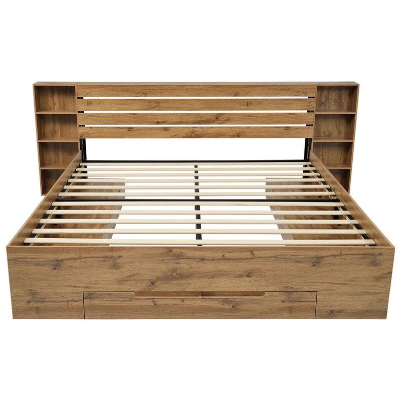 Lit double en bois massif chêne avec éclairage LED étagères et tiroirs rangement prise USB C 160×200cm (sans matelas) IESSAES QUEEN