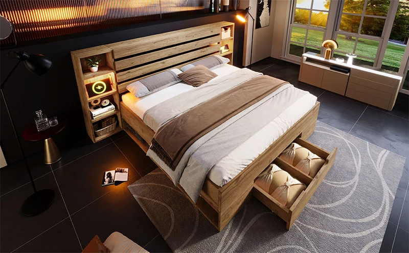Lit double en bois massif chêne avec éclairage LED étagères et tiroirs rangement prise USB C 160×200cm (sans matelas) IESSAES QUEEN