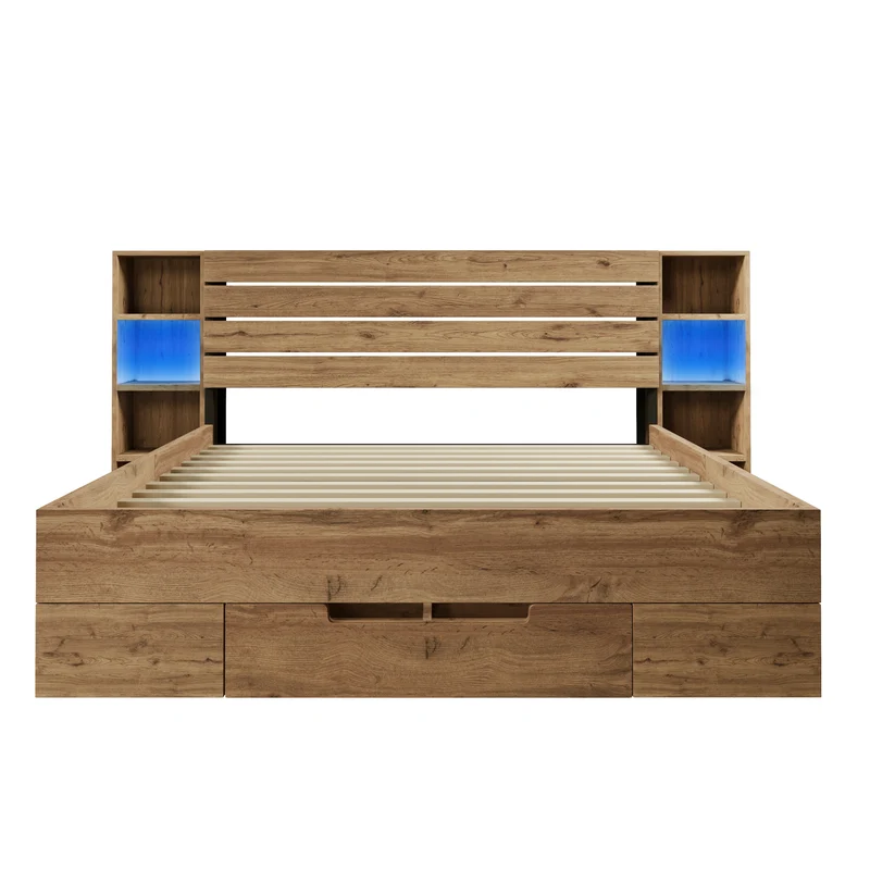 Lit double en bois massif chêne avec éclairage LED étagères et tiroirs rangement prise USB C 160×200cm (sans matelas) IESSAES QUEEN