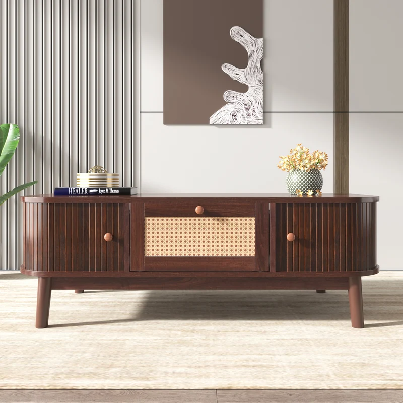 Table basse effet noyer vintage et rotin 1 tiroir et 2 niches portes coulissantes OSOR