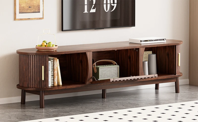 Meuble TV effet bois marron rétro vintage avec portes coulissantes et battantes CEDARWING