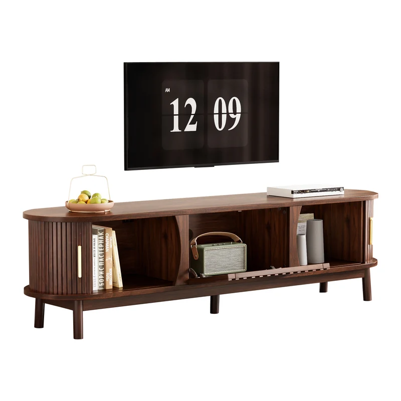 Meuble TV effet bois marron rétro vintage avec portes coulissantes et battantes CEDARWING