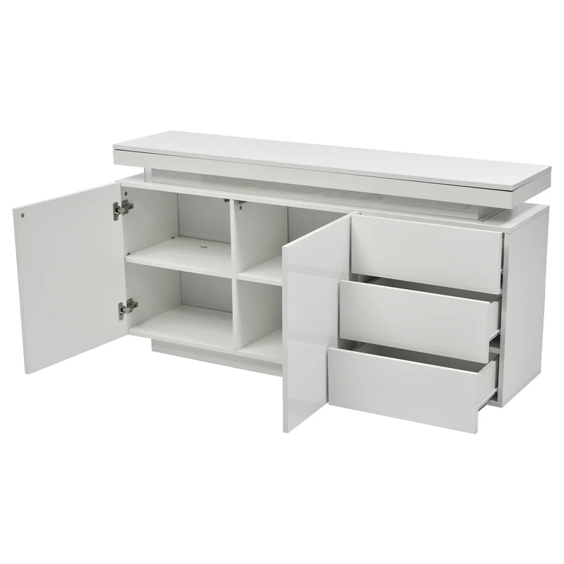 Buffet blanc laqué avec éclairage LED 2 portes 3 tiroirs ZUSTRONS