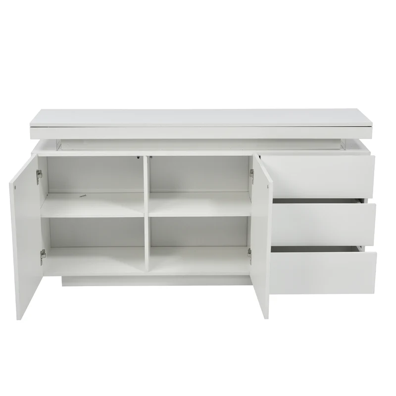 Buffet blanc laqué avec éclairage LED 2 portes 3 tiroirs ZUSTRONS