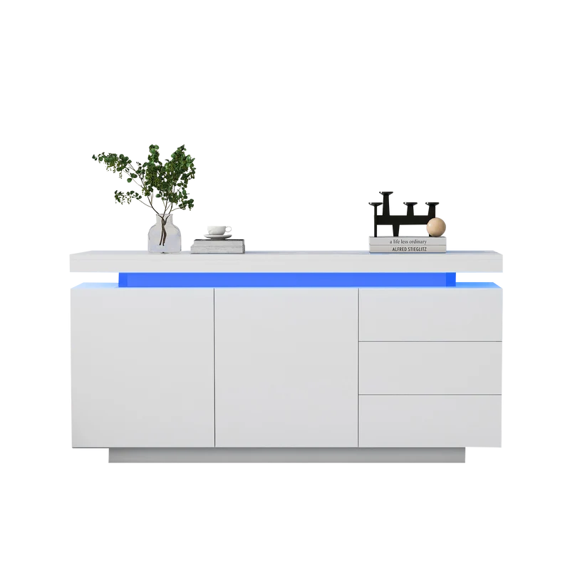 Buffet blanc laqué avec éclairage LED 2 portes 3 tiroirs ZUSTRONS
