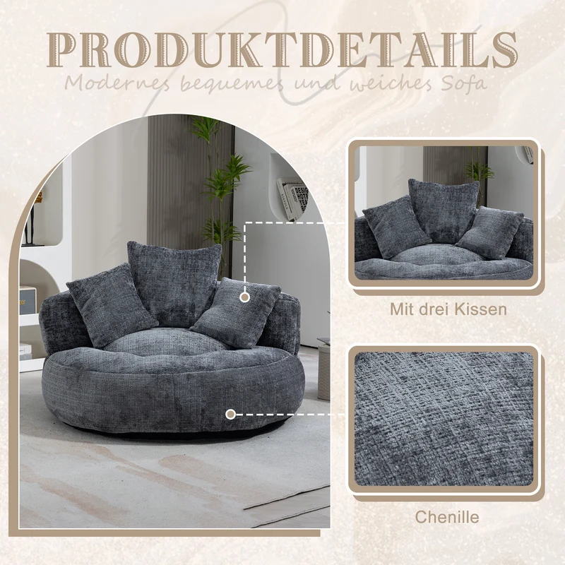 Canapé chauffeuse fauteuil rond en velours chenille gris fauteuil lounge HORNWORTNEEDLE