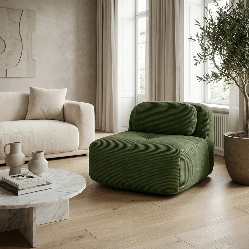 Canapé 1 place modulable en velours côtelé vert kaki avec oreiller et pouf, 90x178x70cm VISCIDIUM