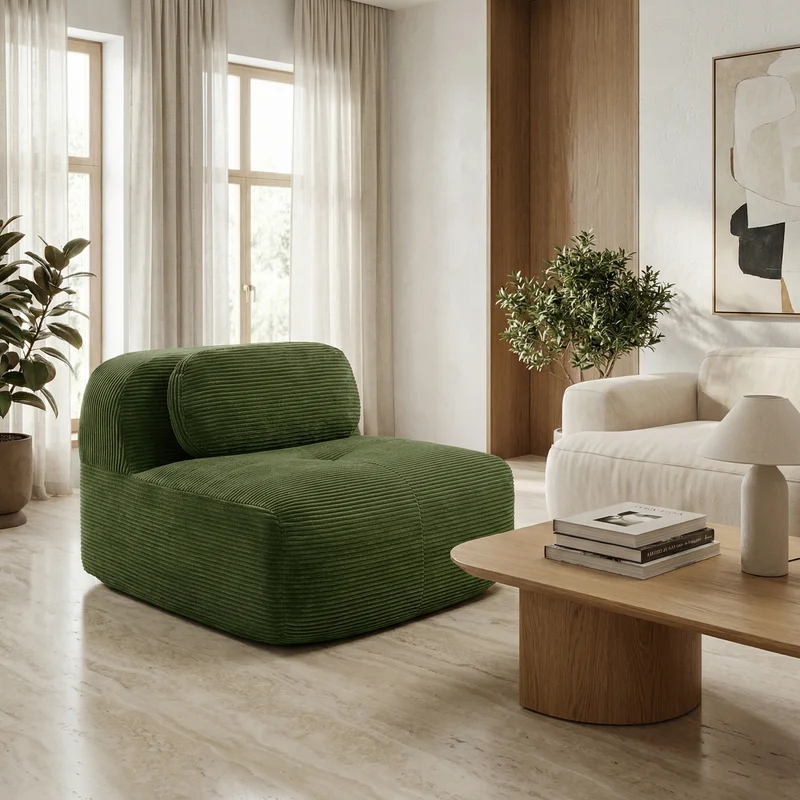 Canapé 1 place modulable en velours côtelé vert kaki avec oreiller et pouf, 90x178x70cm VISCIDIUM