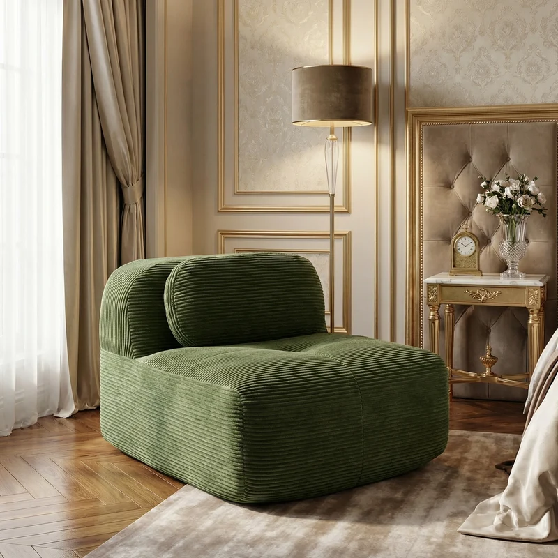 Canapé 1 place modulable en velours côtelé vert kaki avec oreiller et pouf, 90x178x70cm VISCIDIUM