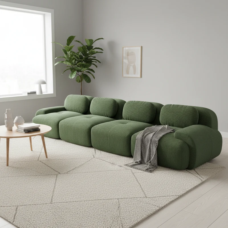 Grand canapé 4 places modulable en velours côtelé vert kaki avec accoudoirs courbés, confort premium, sans montage VANE
