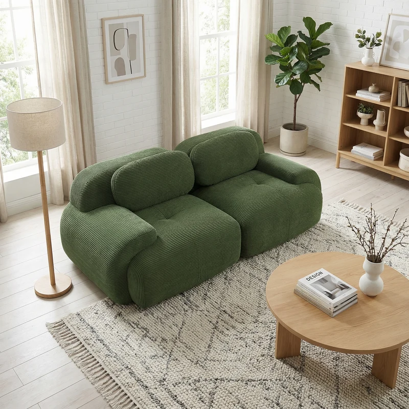 Canapé 2 places loveseat modulable en velours côtelé vert kaki avec accoudoirs courbés, confort premium, sans montage WRINKLECREST