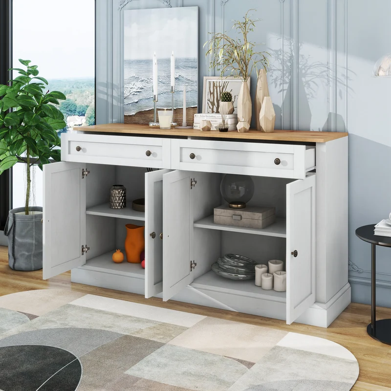 Grand buffet blanc et effet bois 4 portes et 2 tiroirs SULFUR