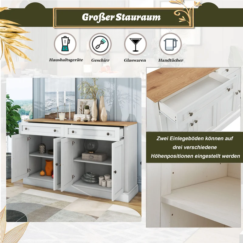 Grand buffet blanc et effet bois 4 portes et 2 tiroirs SULFUR