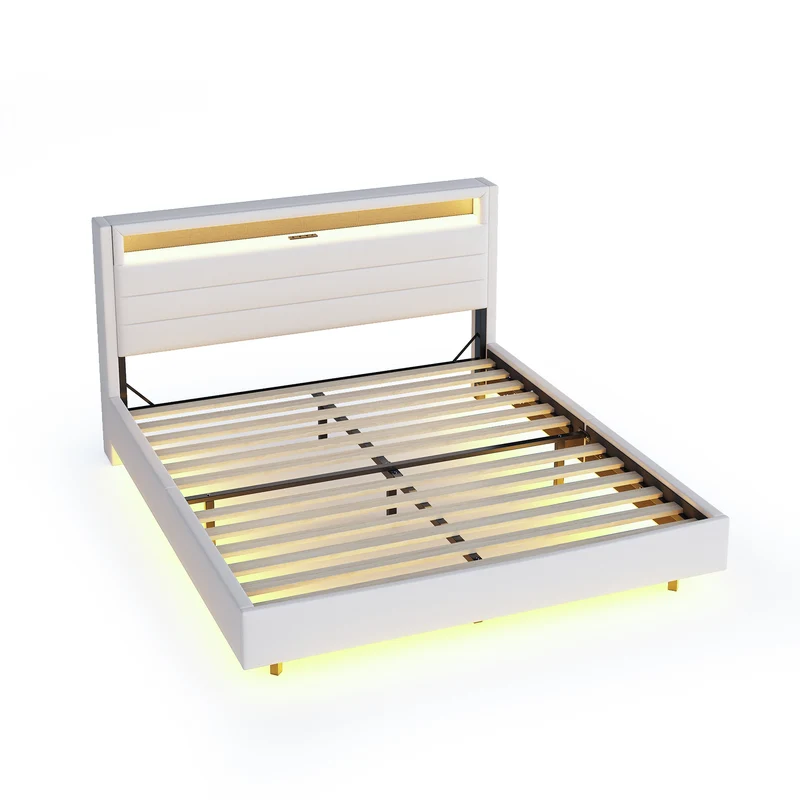 Lit double tissu beige avec rangement tête de lit, prises USB et éclairage LED intégré 140x200cm (matelas non inclus) BIOMASS