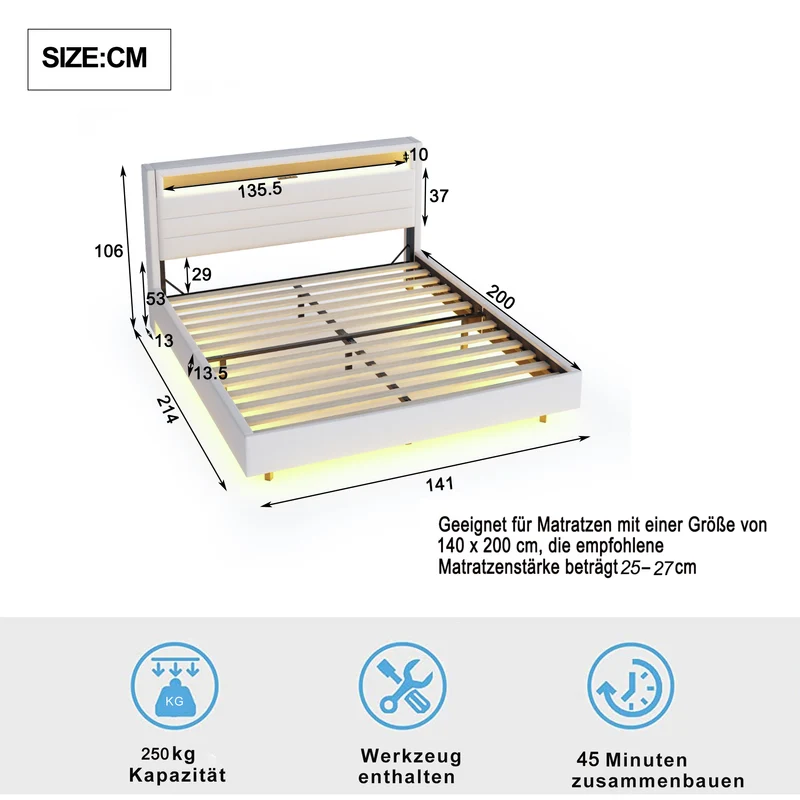 Lit double tissu beige avec rangement tête de lit, prises USB et éclairage LED intégré 140x200cm (matelas non inclus) BIOMASS