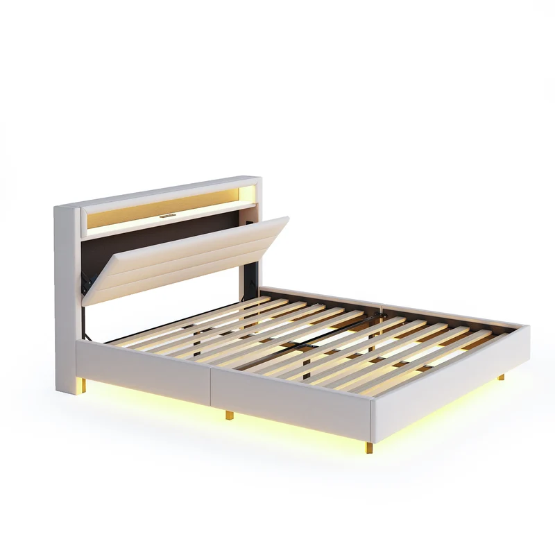 Lit double tissu beige avec rangement tête de lit, prises USB et éclairage LED intégré 140x200cm (matelas non inclus) BIOMASS