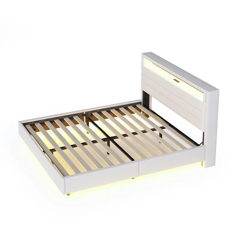 Lit double tissu beige avec rangement tête de lit, prises USB et éclairage LED intégré 140x200cm (matelas non inclus) BIOMASS