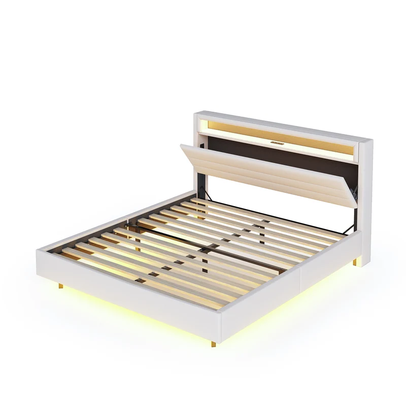 Lit double tissu beige avec rangement tête de lit, prises USB et éclairage LED intégré 140x200cm (matelas non inclus) BIOMASS