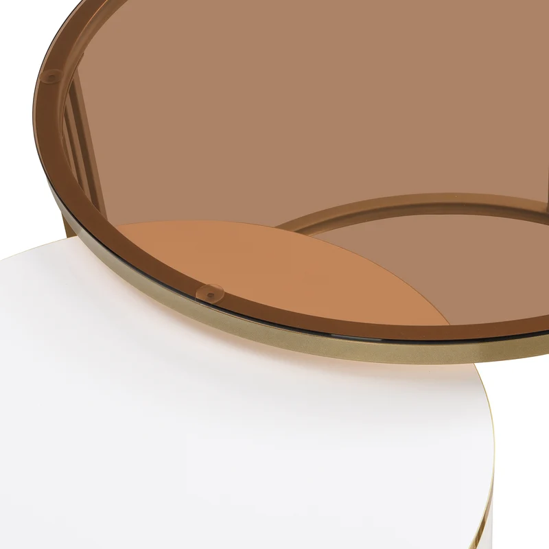 Table basse gigogne luxe blanc et doré 2 tiroirs verre teinté OLNE