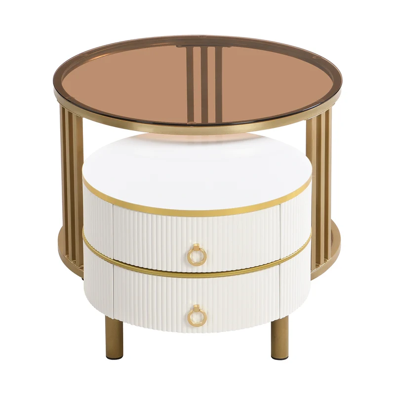 Table basse gigogne luxe blanc et doré 2 tiroirs verre teinté OLNE