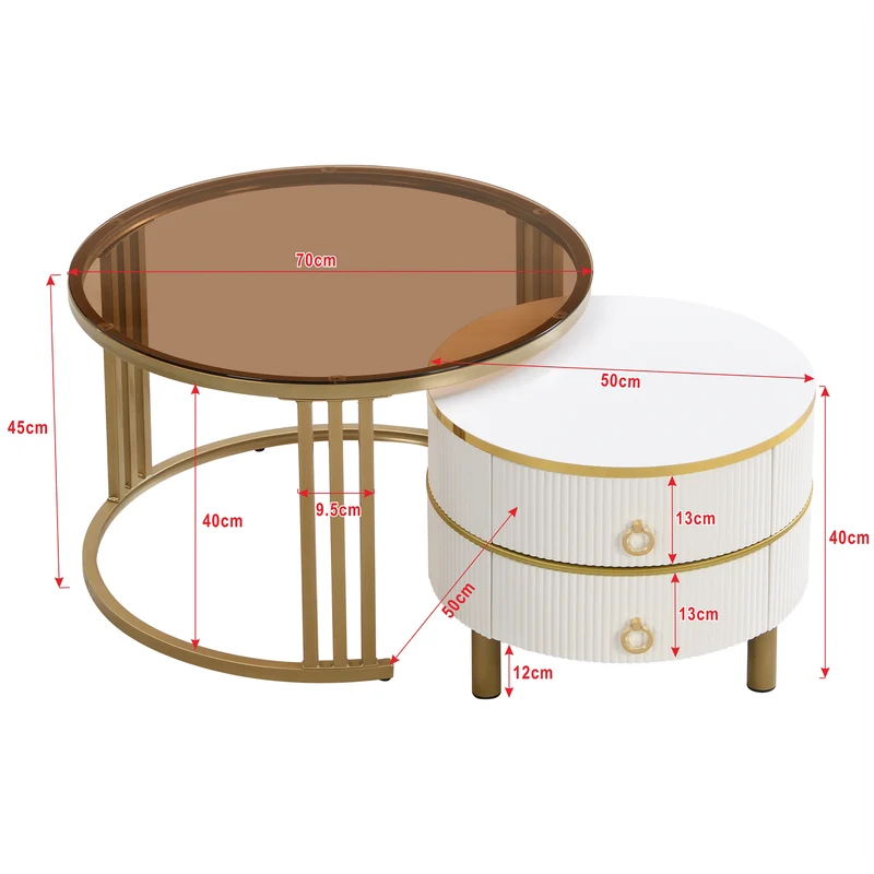 Table basse gigogne luxe blanc et doré 2 tiroirs verre teinté OLNE