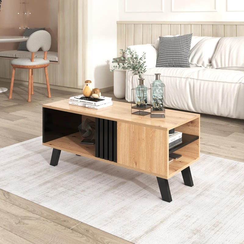 Table basse rectangulaire industriel effet bois et noir rangement 3 cotés 100x60x43cm TRONNEALL