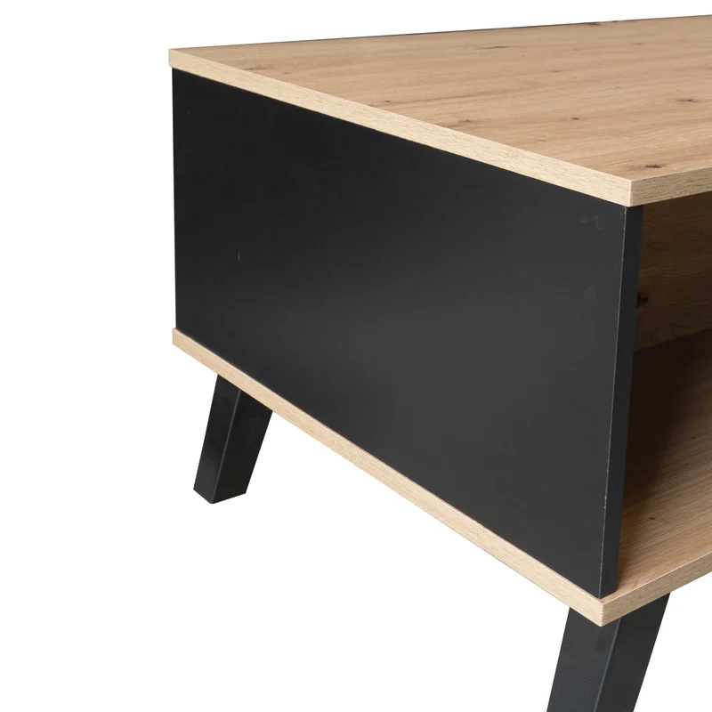 Table basse rectangulaire industriel effet bois et noir rangement 3 cotés 100x60x43cm TRONNEALL