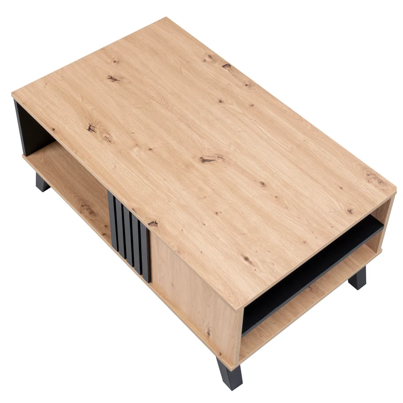 Table basse rectangulaire industriel effet bois et noir rangement 3 cotés 100x60x43cm TRONNEALL