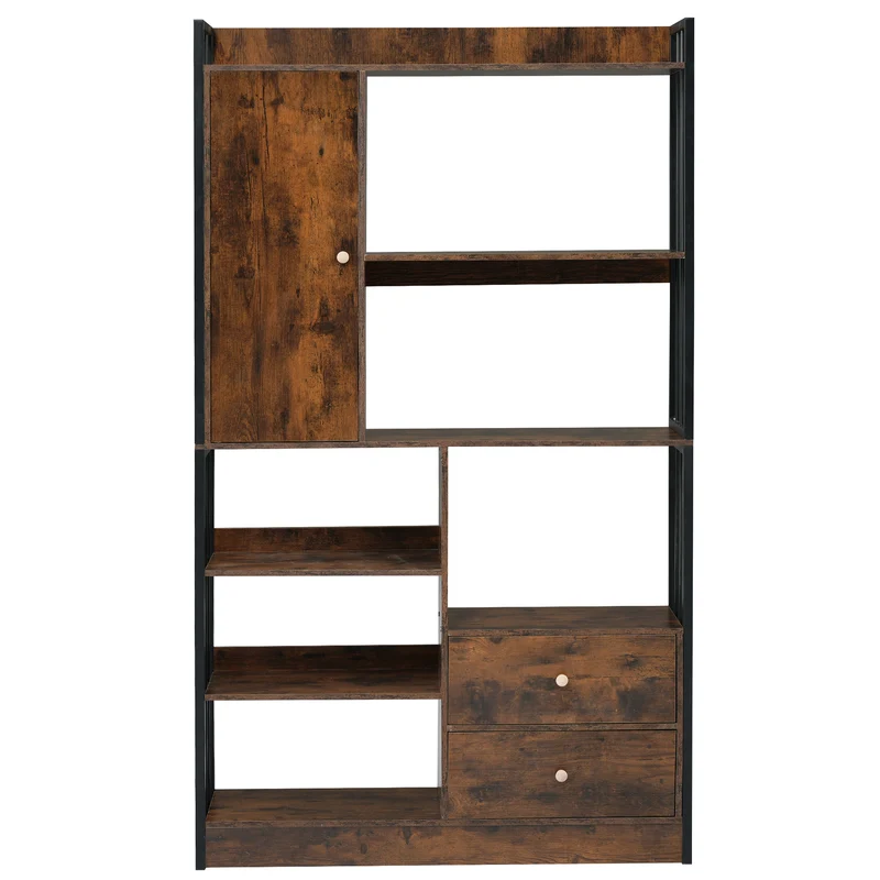 Bibliothèque étagère industrielle marron antique à 6 étagères avec portes et tiroirs KHEX