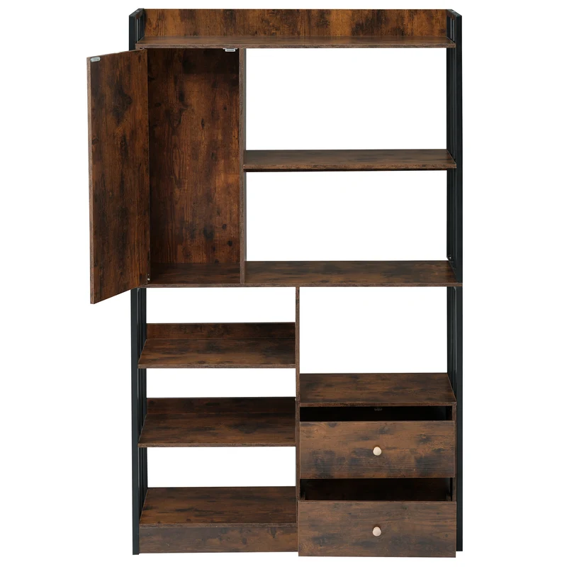 Bibliothèque étagère industrielle marron antique à 6 étagères avec portes et tiroirs KHEX