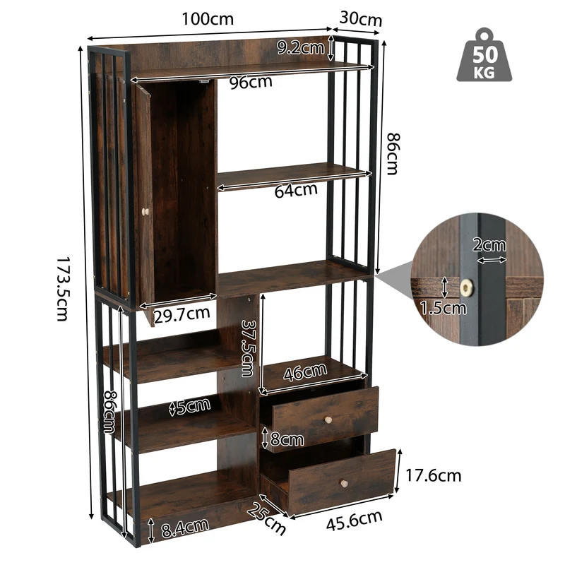 Bibliothèque étagère industrielle marron antique à 6 étagères avec portes et tiroirs KHEX