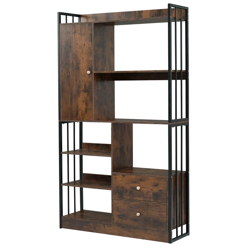 Bibliothèque étagère industrielle marron antique à 6 étagères avec portes et tiroirs KHEX