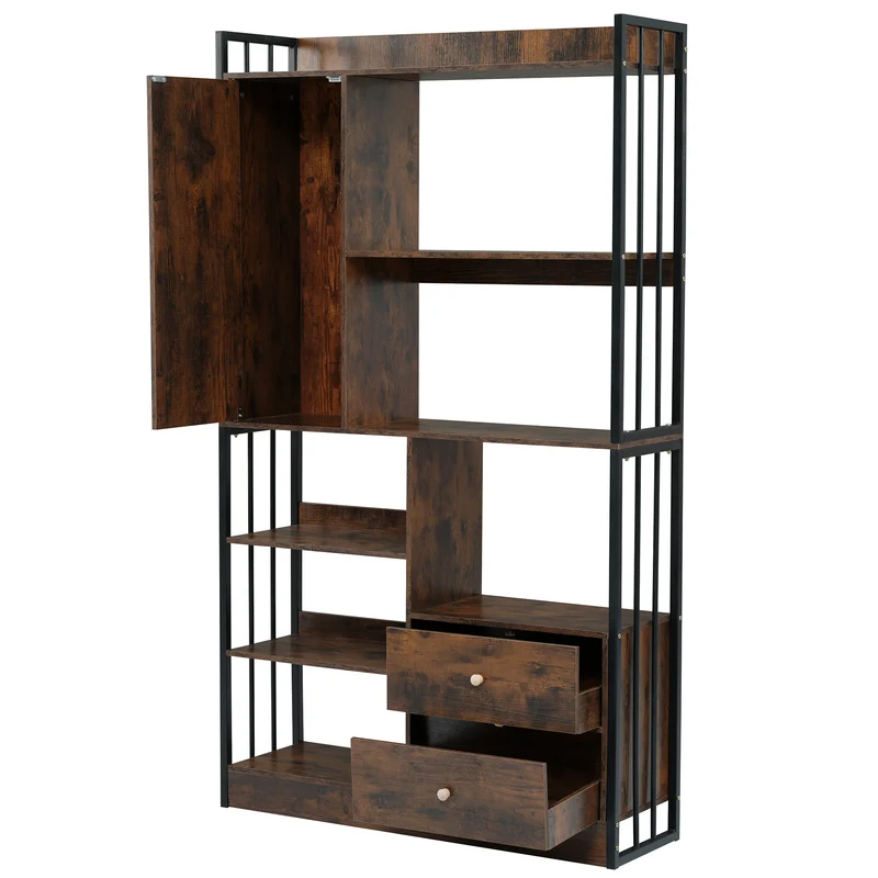Bibliothèque étagère industrielle marron antique à 6 étagères avec portes et tiroirs KHEX