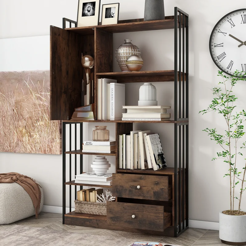 Bibliothèque étagère industrielle marron antique à 6 étagères avec portes et tiroirs KHEX