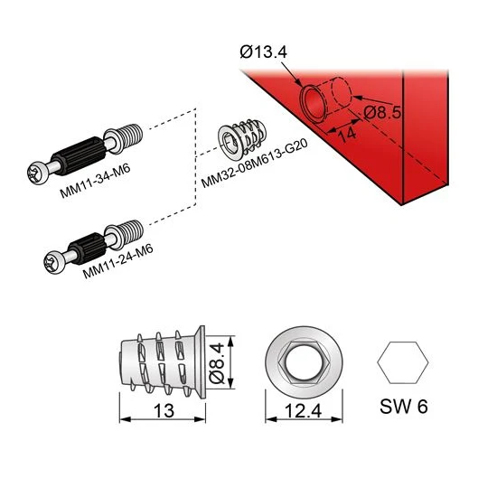 Insert fileté M6 8x13mm - 1 pièce