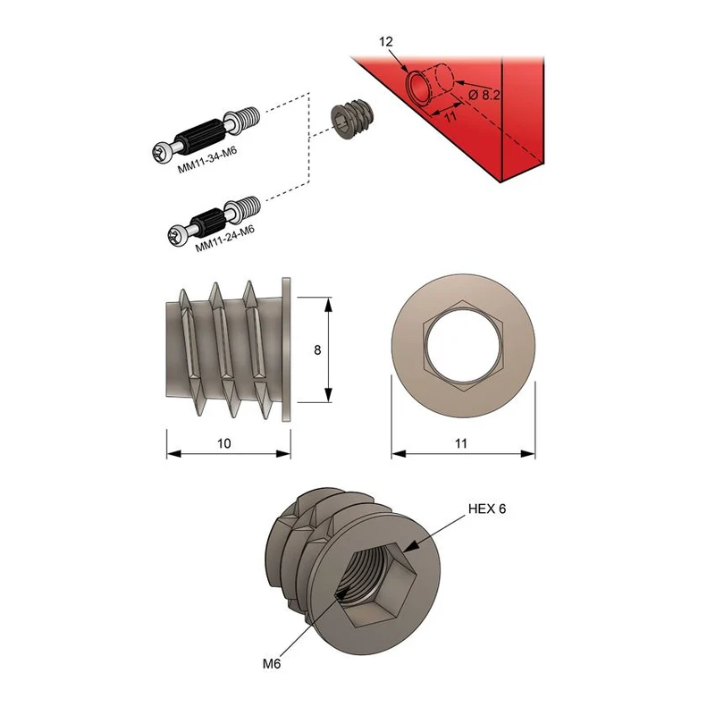 Insert fileté M6 8x10mm - 1 pièce