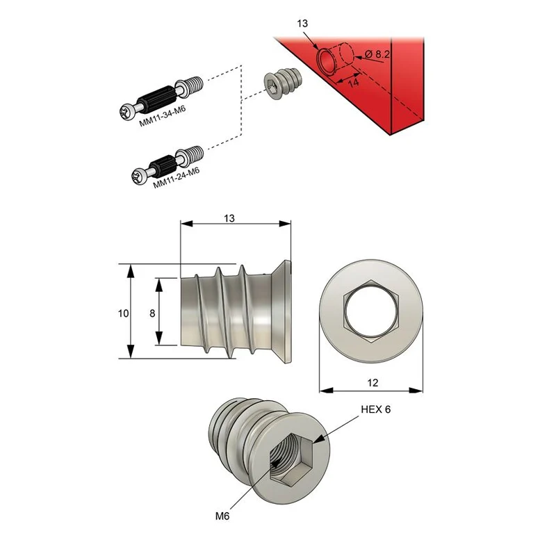Insert fileté M6 10x13mm - 1 pièce