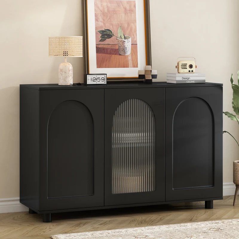 Buffet noir moderne motif en forme de U, porte vitrée 120x40x78,5 cm VIVIDEX
