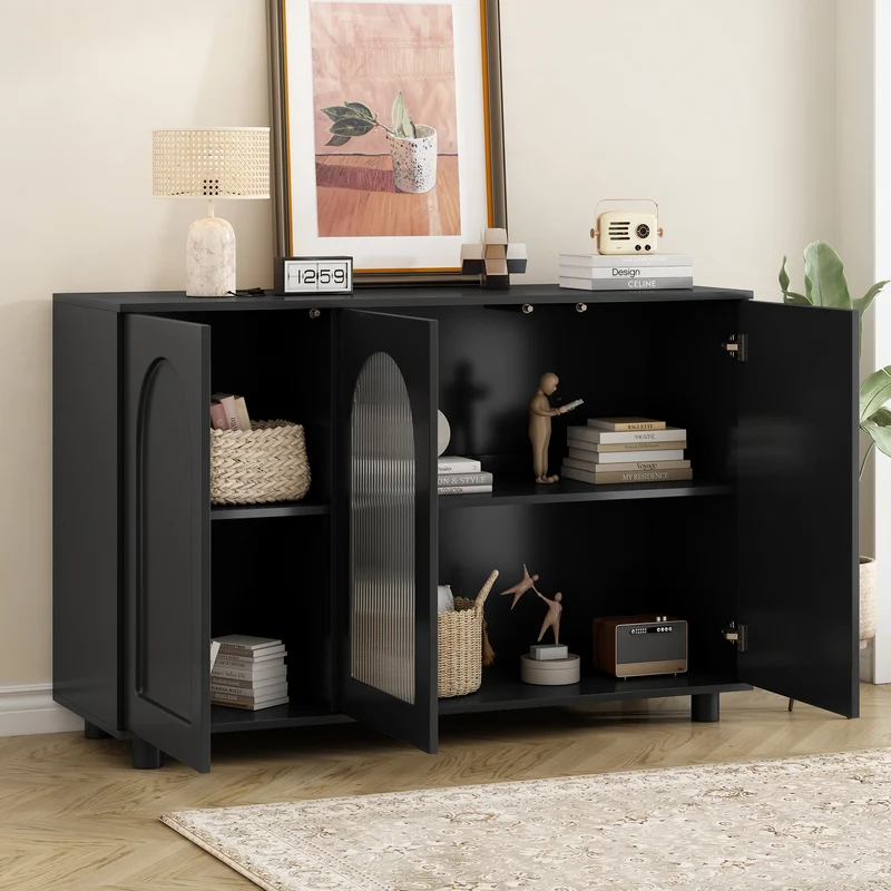 Buffet noir moderne motif en forme de U, porte vitrée 120x40x78,5 cm VIVIDEX