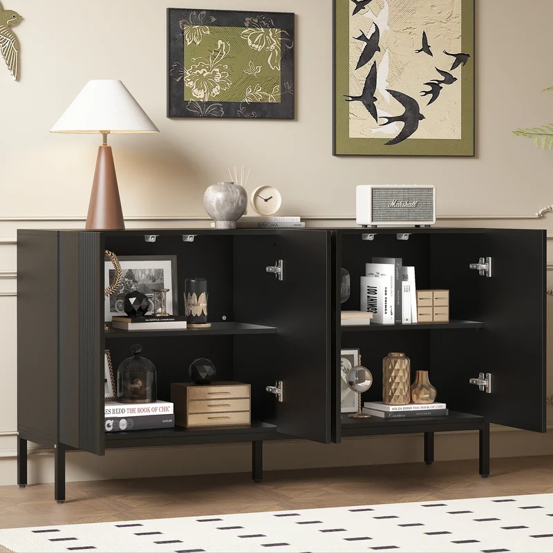 Buffet moderne noir 4 portes à motifs rainurés sans poignées 145x41,5x80 cm VERTEXIRE
