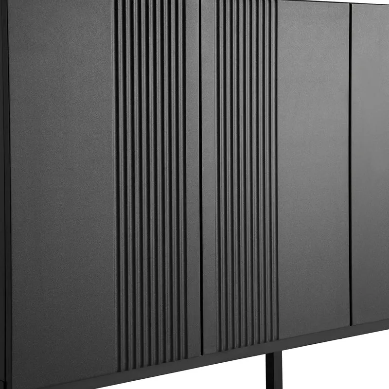 Buffet moderne noir 4 portes à motifs rainurés sans poignées 145x41,5x80 cm VERTEXIRE