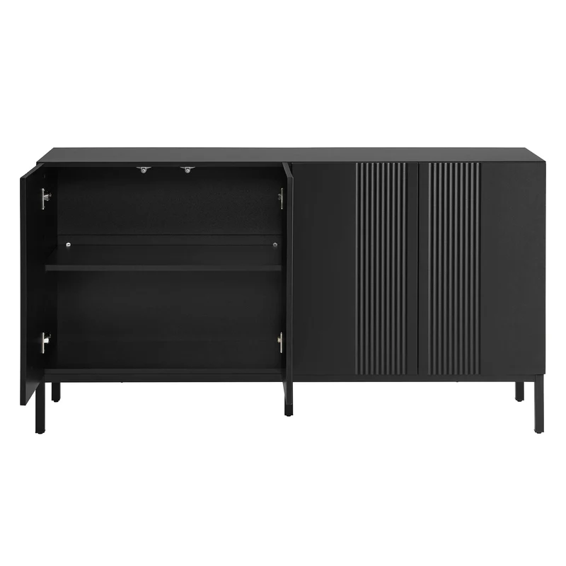 Buffet moderne noir 4 portes à motifs rainurés sans poignées 145x41,5x80 cm VERTEXIRE