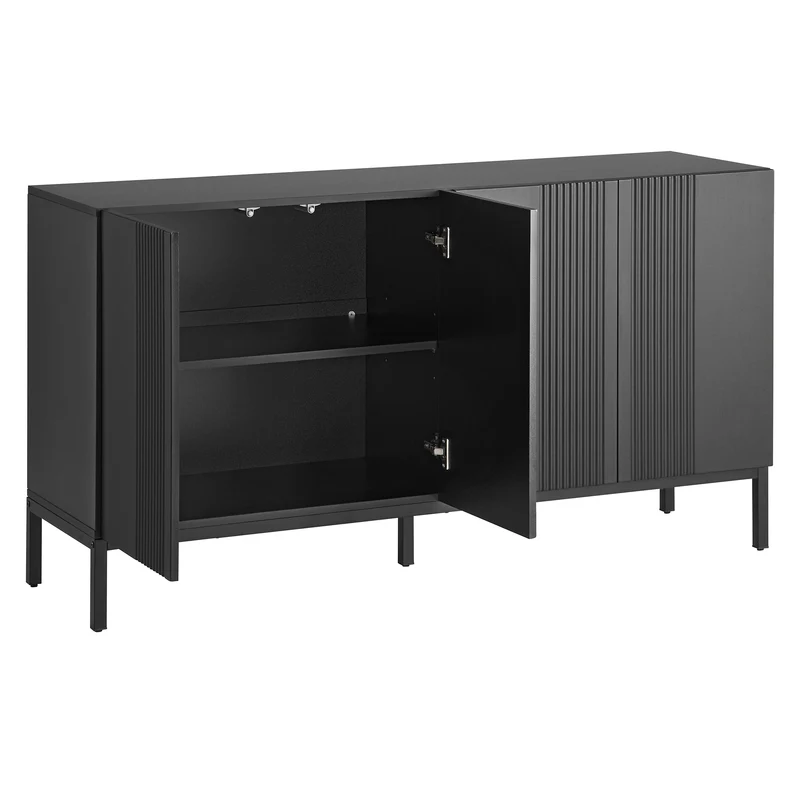 Buffet moderne noir 4 portes à motifs rainurés sans poignées 145x41,5x80 cm VERTEXIRE