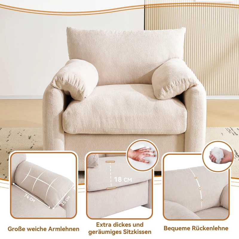 Fauteuil canapé 1 place en tissu chenille beige confortable 96x82x84cm COBALTEX