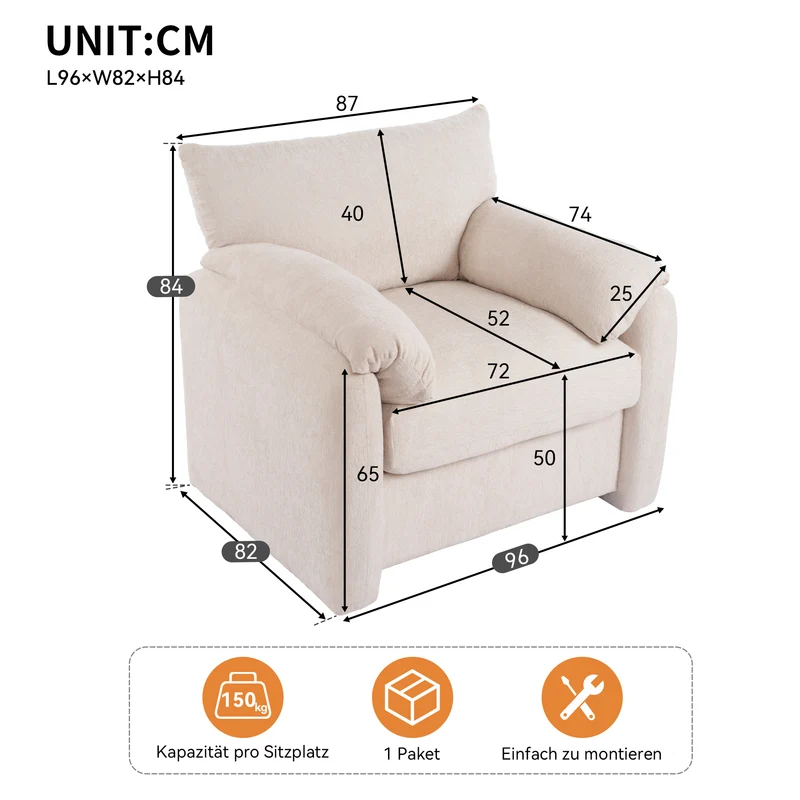 Fauteuil canapé 1 place en tissu chenille beige confortable 96x82x84cm COBALTEX
