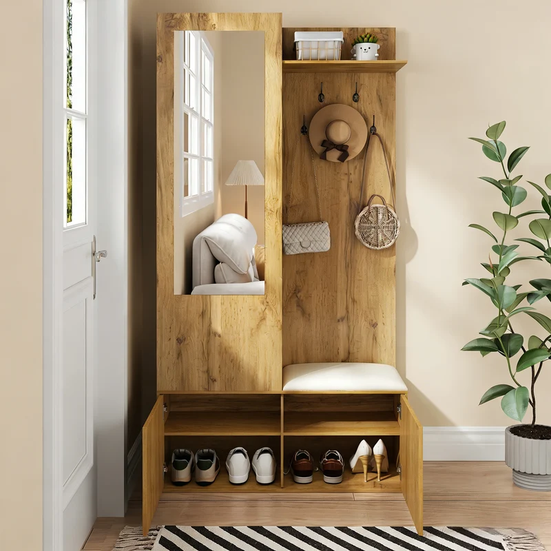 Vestiaire à l'entrée avec miroir, banc, porte-chaussures, 5 crochets 191x100x38cm ALIGNLX