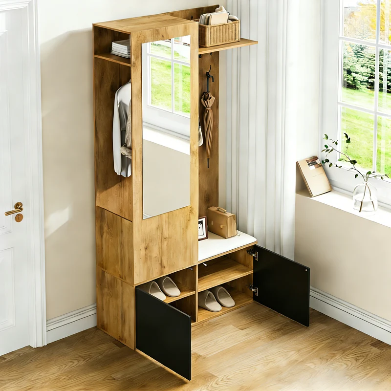 Vestiaire à l'entrée avec miroir, banc, porte-chaussures, 5 crochets 191x100x38cm ALIGNLX