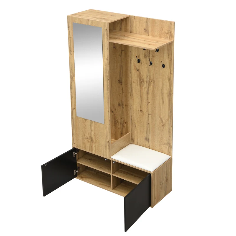 Vestiaire à l'entrée avec miroir, banc, porte-chaussures, 5 crochets 191x100x38cm ALIGNLX