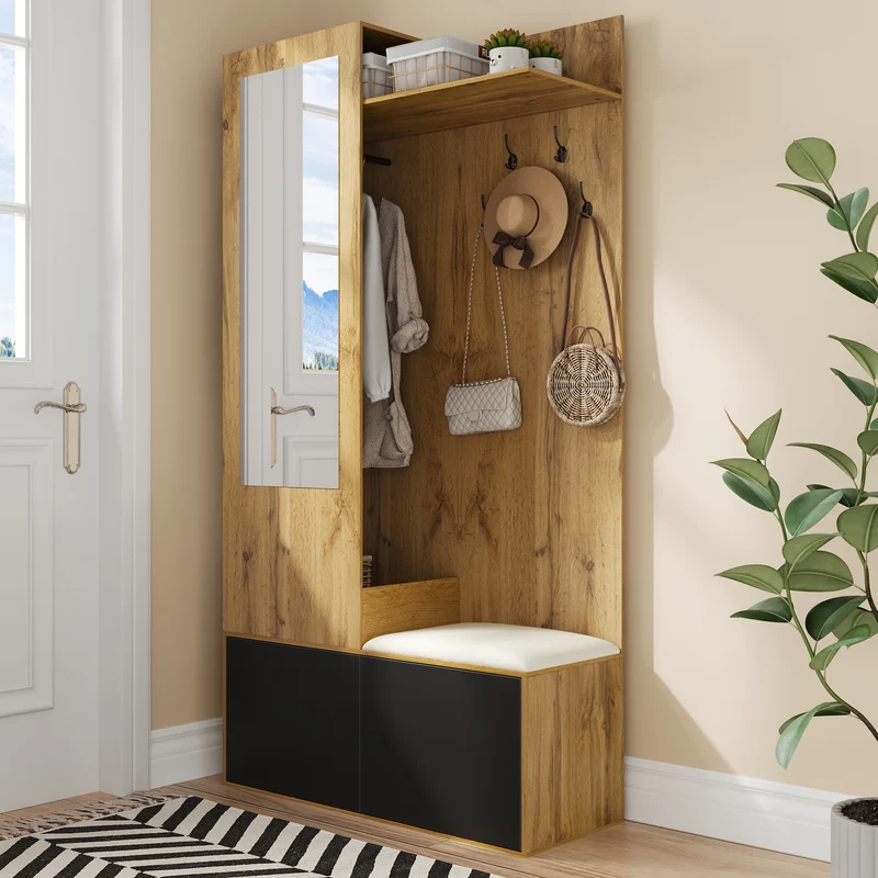 Vestiaire à l'entrée avec miroir, banc, porte-chaussures, 5 crochets 191x100x38cm ALIGNLX
