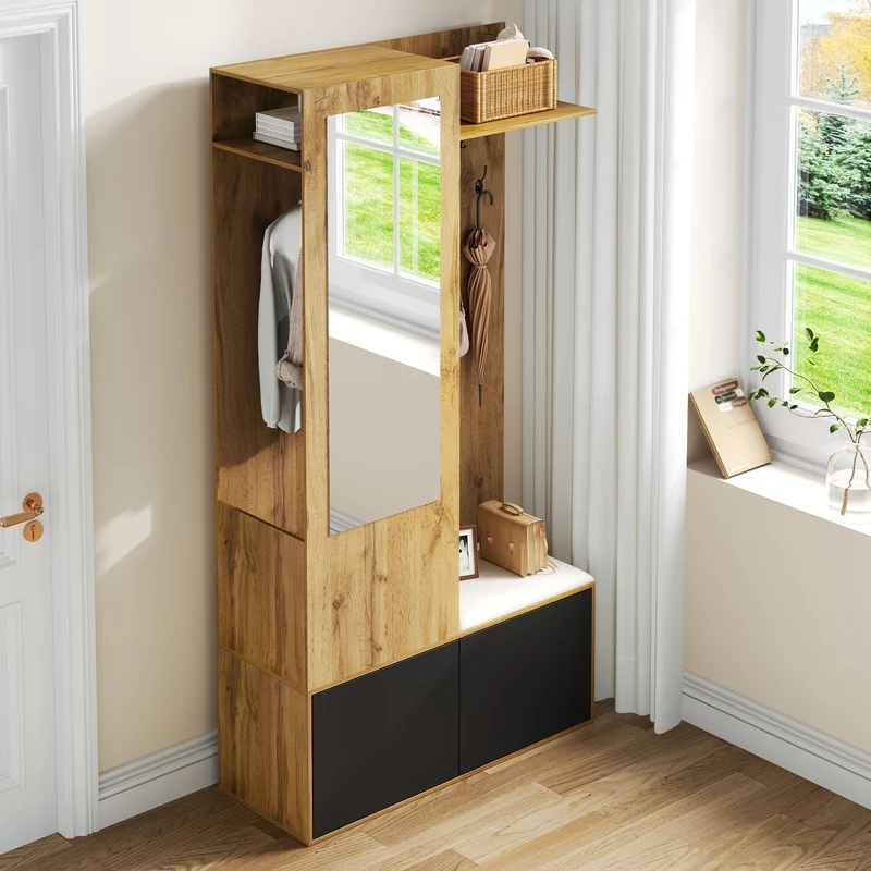 Vestiaire à l'entrée avec miroir, banc, porte-chaussures, 5 crochets 191x100x38cm ALIGNLX